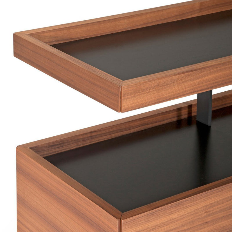 Brown wood with smooth grain and sleek black surfaces, showcasing a modern, minimalist design.