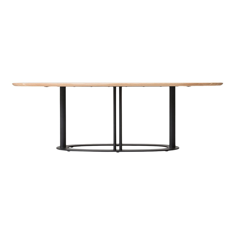 Natural wood tabletop with black metal base and circular design, featuring smooth finishes and modern, minimalist aesthetics.