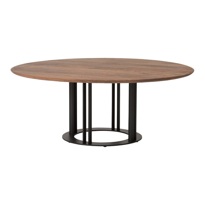Round wooden dining table with a natural walnut finish and black metal base for a modern look.