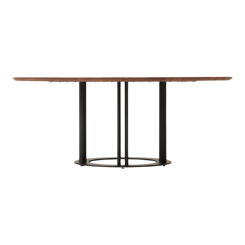 Round wooden table with a rich brown top and sleek black metal base, featuring a modern minimalist design.