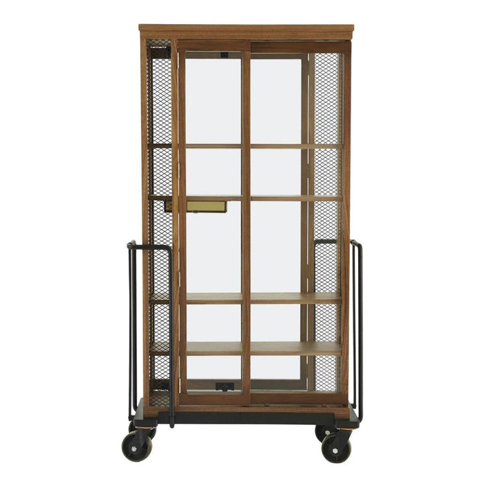 Wooden display cabinet with glass doors, metal mesh sides, and black wheeled base, featuring a natural wood finish.