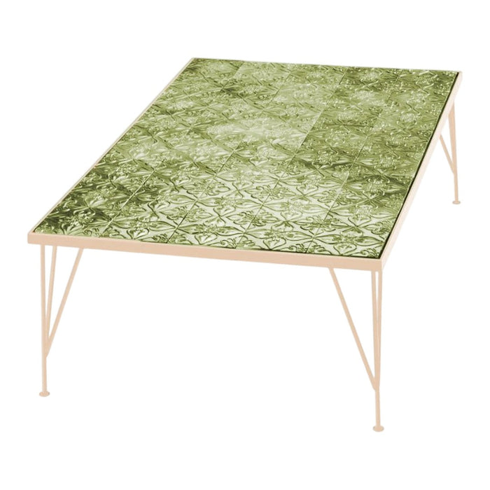 Light green patterned tabletop on a sleek beige metal frame, ideal for modern decor.