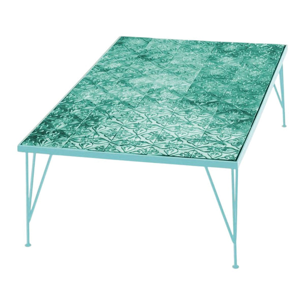 Teal patterned tabletop with intricate designs and light blue metal legs, perfect for modern decor.