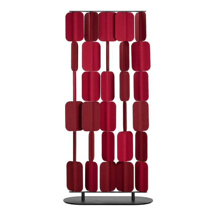 "Red modern room divider with geometric overlapping patterns and a sleek black base."