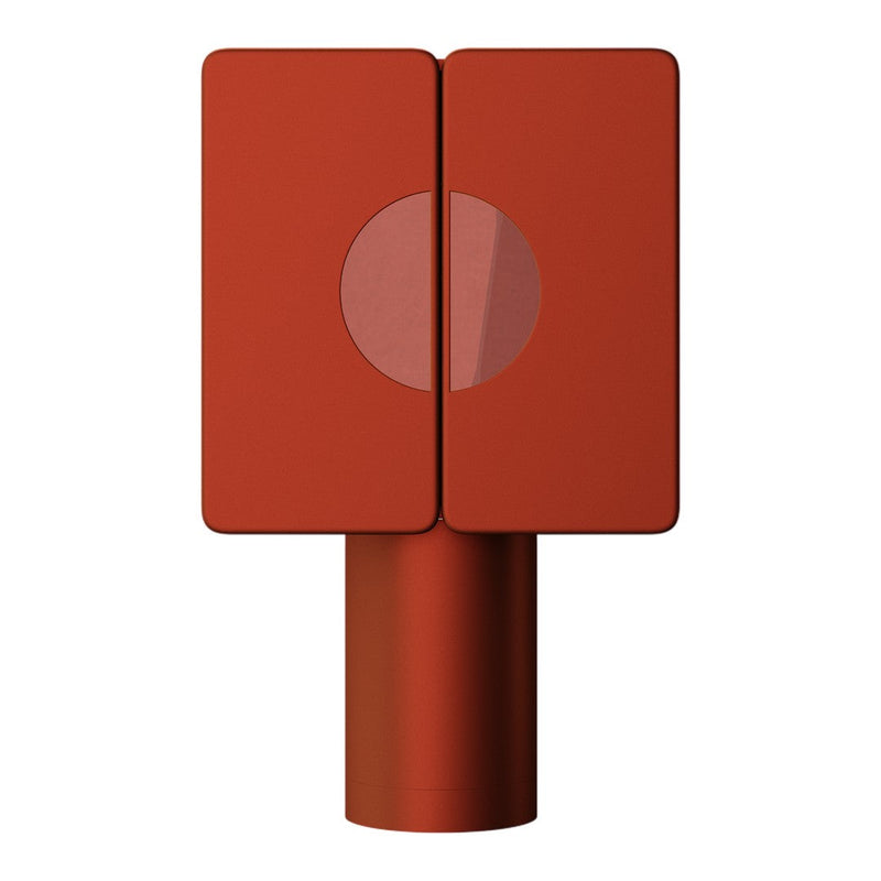 Red modern lamp with a geometric design featuring two rectangular panels and a circular accent.