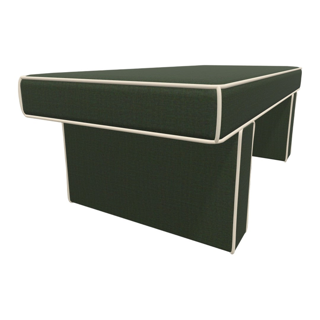 Dark green upholstered coffee table with light beige piping accents. Modern, sleek design perfect for any living space.