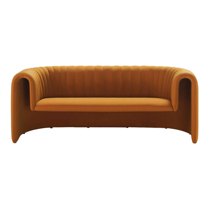 Modern orange sofa with ribbed pattern and smooth curved edges, perfect for contemporary living spaces.