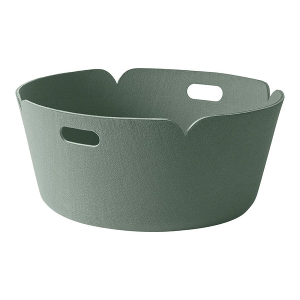Green scalloped storage basket with cut-out handles, featuring a smooth, matte texture. Ideal for organizing.