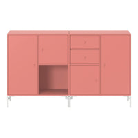 Pink modern cabinet with various door styles and minimalist design, featuring sleek metallic legs for added elegance.