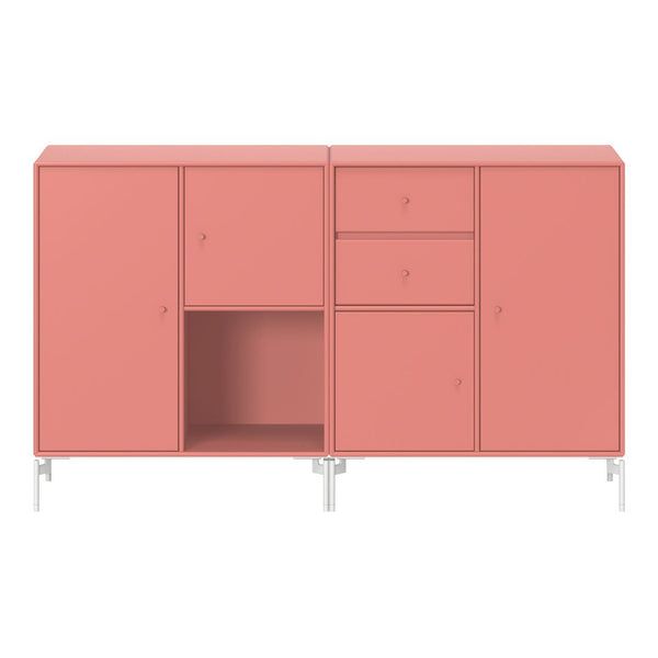 Pink modern cabinet with various door styles and minimalist design, featuring sleek metallic legs for added elegance.
