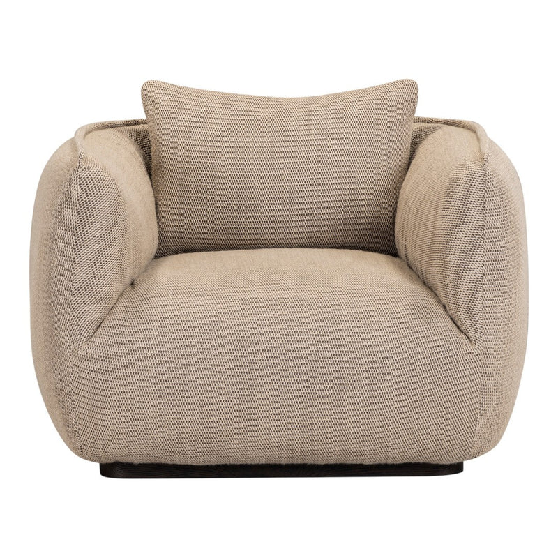 Beige textured armchair with a subtle woven pattern and plush cushions, perfect for contemporary decor.