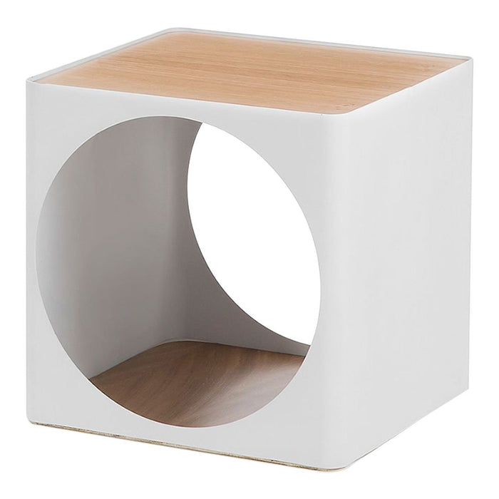 Modern white cube-shaped side table with a natural wood top and circular cutout design. Perfect for contemporary decor.