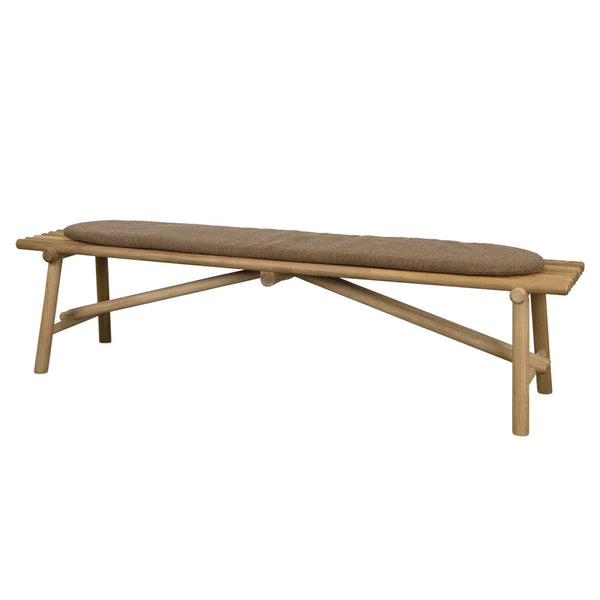Natural wood bench with a sleek, light brown cushion, featuring a minimalist design and smooth, clean lines.