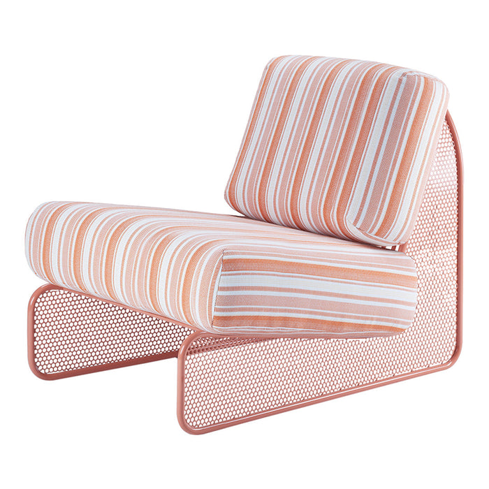 Orange and white striped upholstery on a modern, minimalist metal chair with a pink mesh base. Perfect for outdoor decor.
