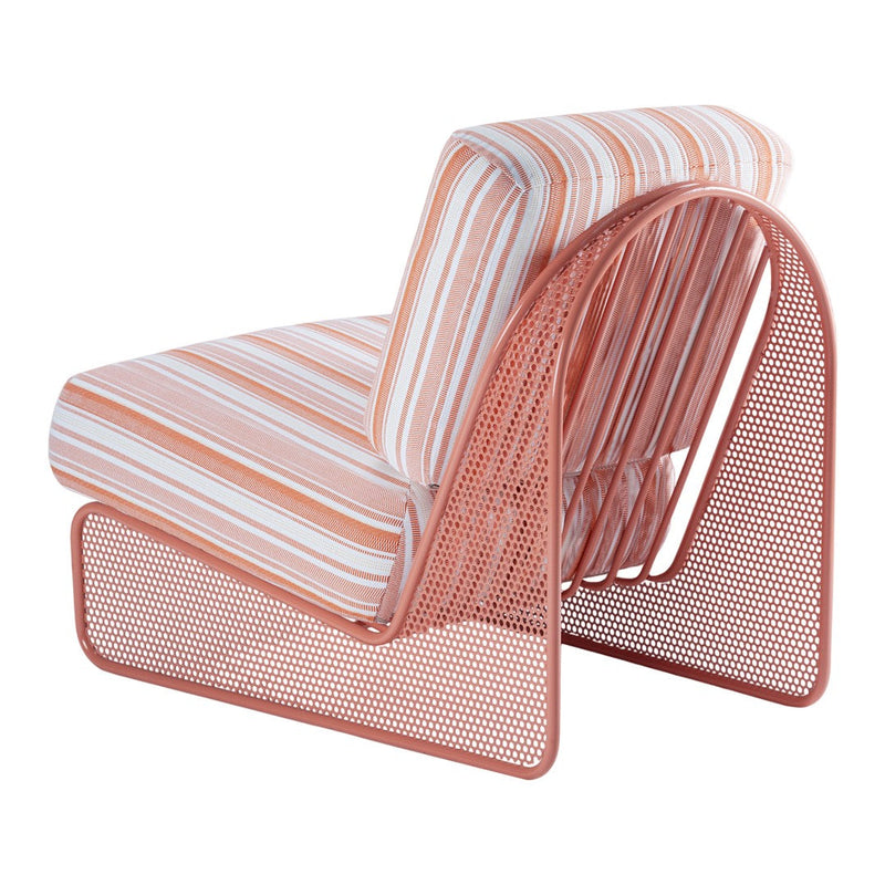Coral and white striped fabric on a modern metal chair with a airy mesh pattern, perfect for contemporary decor.
