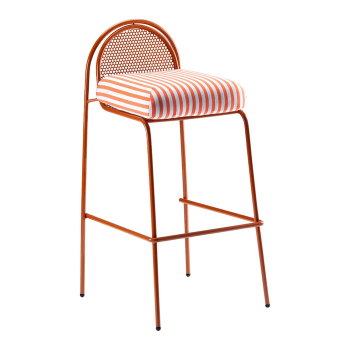 Orange bar stool with a striped red and white cushion and a circular woven backrest. Ideal for vibrant decor.