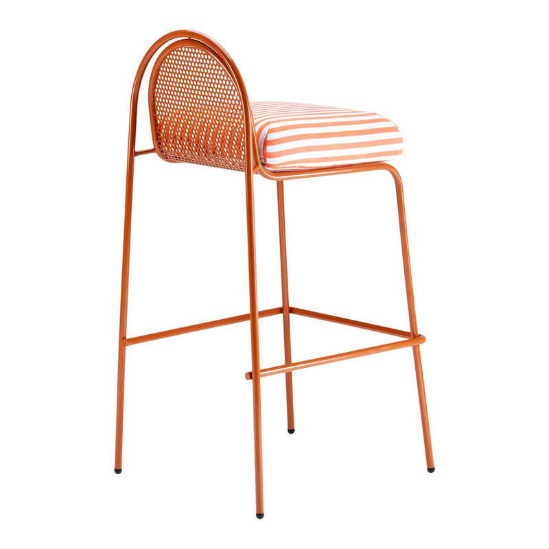 Orange and white striped bar stool with a modern design and sleek metal frame. Ideal for vibrant decor.