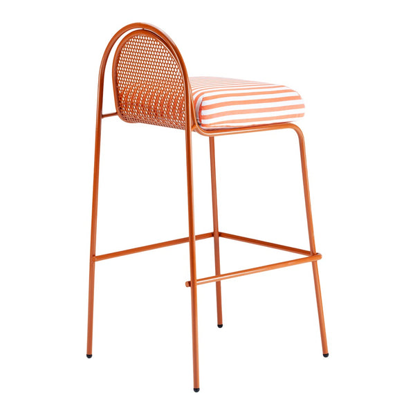 Orange bar stool with white and orange striped cushion and curved backrest design. Ideal for vibrant spaces.
