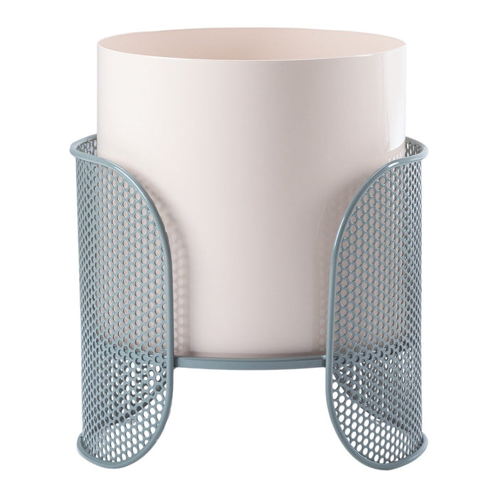 Pale pink ceramic pot with light blue mesh wire stand, modern design and sleek finish, perfect for indoor plants.