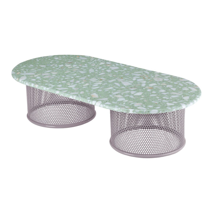 Oval coffee table with a mint green floral-patterned top and gray mesh metal bases. Ideal for modern decor.
