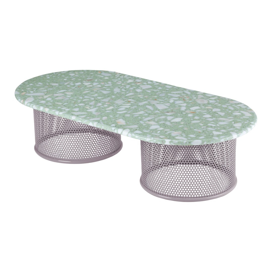 Mint green oval tabletop with white floral pattern, featuring two lavender mesh wire bases. Modern design for stylish decor.