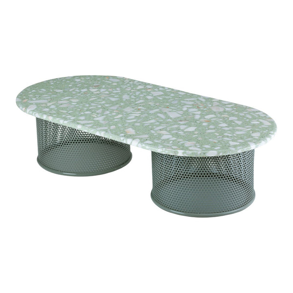 Green floral-patterned tabletop with mesh gray sides, offering a modern and stylish look for any living space.