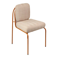 Beige upholstered chair with a textured pattern and orange metal frame, featuring a stylish modern design.