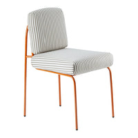 Striped gray and white fabric chair with a vibrant orange frame, perfect for adding a pop of color to any space.