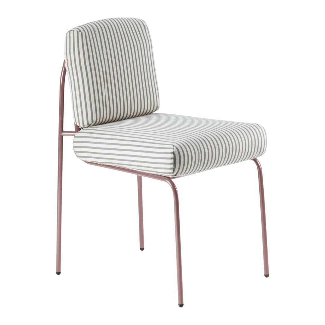 Striped white and gray chair with soft pink metal legs for a modern touch.