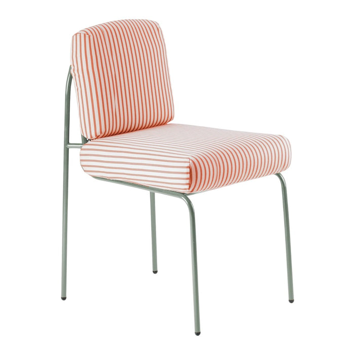 Orange and white striped upholstered chair with light green metal legs, perfect for a vibrant decor addition.