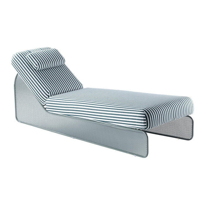 Striped lounge chair with navy and white patterns, featuring a sleek, modern design. Perfect for contemporary spaces.
