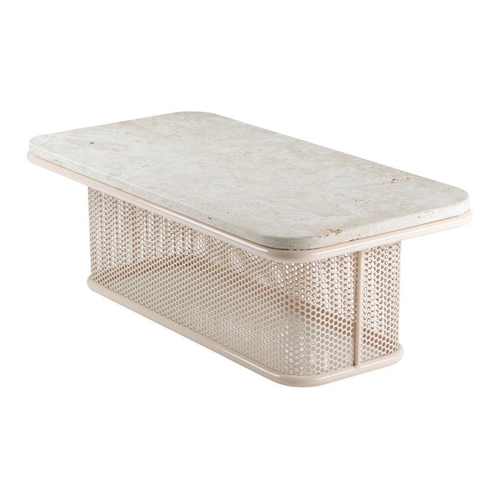 Light beige coffee table with a textured, marble-like top and a geometric, perforated metal base. Modern and stylish design.
