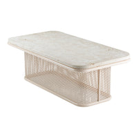 "Rectangle coffee table with a textured off-white surface and a woven cream base, blending modern style and elegance."