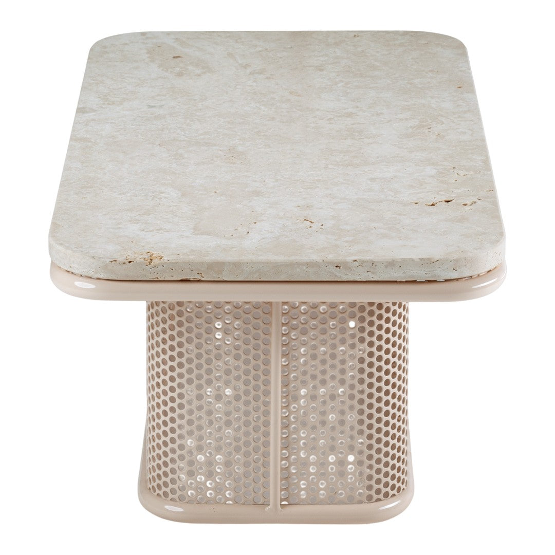 Light-colored marble tabletop with a soft beige mesh base, featuring a sleek, modern design.