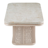 Light-colored marble tabletop with a soft beige mesh base, featuring a sleek, modern design.