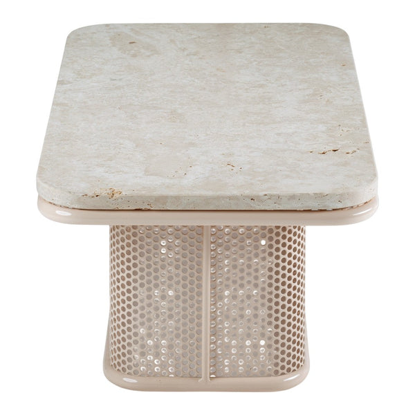 Light-colored marble tabletop with a soft beige mesh base, featuring a sleek, modern design.