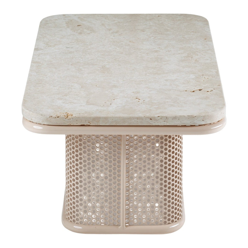 Light beige marble top with a textured light pink mesh base, offering a sleek and modern design.