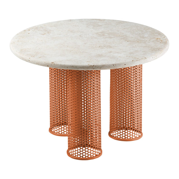 Round coffee table with a smooth white top and three cylindrical orange perforated legs. Modern design with contrasting colors.