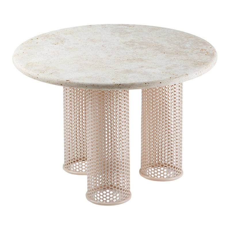 Round table with a textured off-white top and peachy perforated metal legs, adding a modern touch.