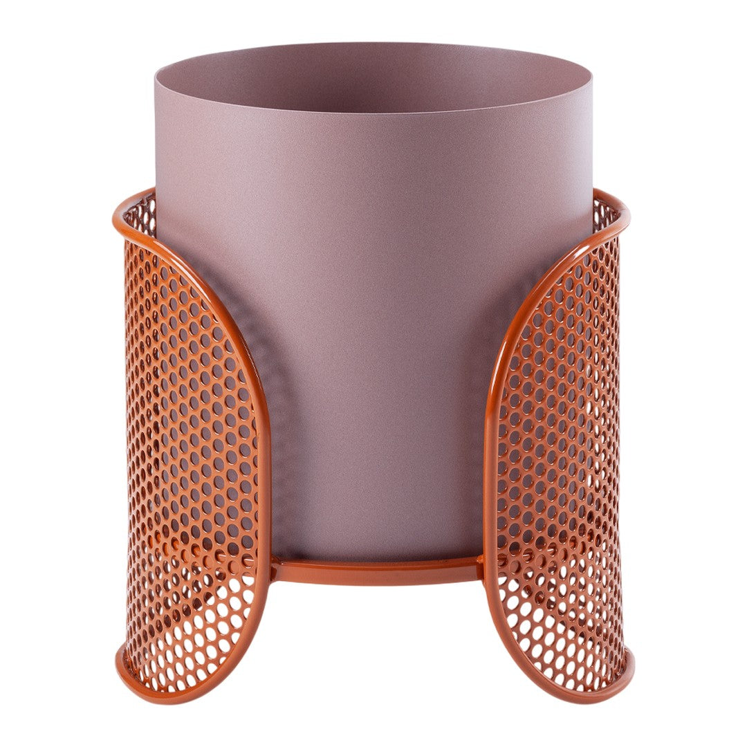 Purple cylindrical planter with orange perforated metal accents, featuring a modern and stylish design.