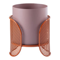 Purple cylindrical planter with orange perforated metal accents, featuring a modern and stylish design.