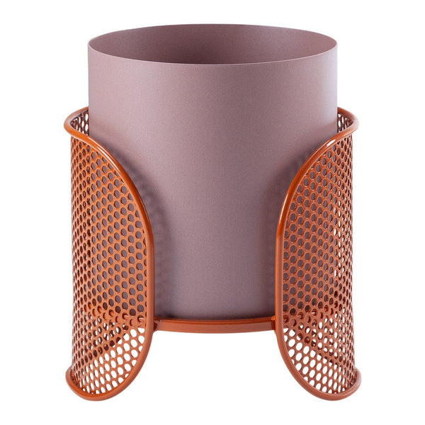 Purple cylindrical planter with orange perforated metal accents, featuring a modern and stylish design.