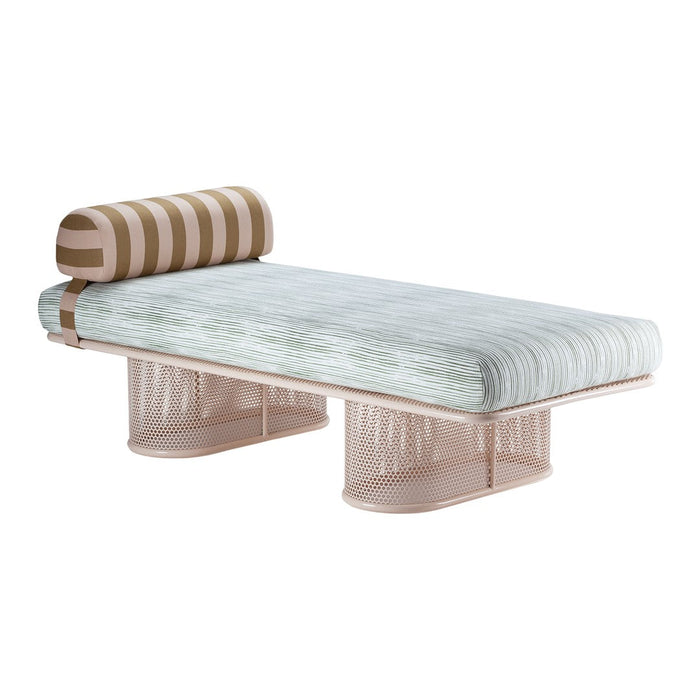 Striped beige and brown bolster on a light green striped mattress atop a soft pink mesh base. Modern design elements.