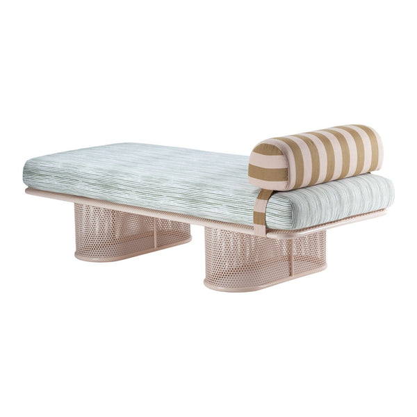 Striped ochre and beige accent on soft pastel green striped upholstery, with a pink mesh base.