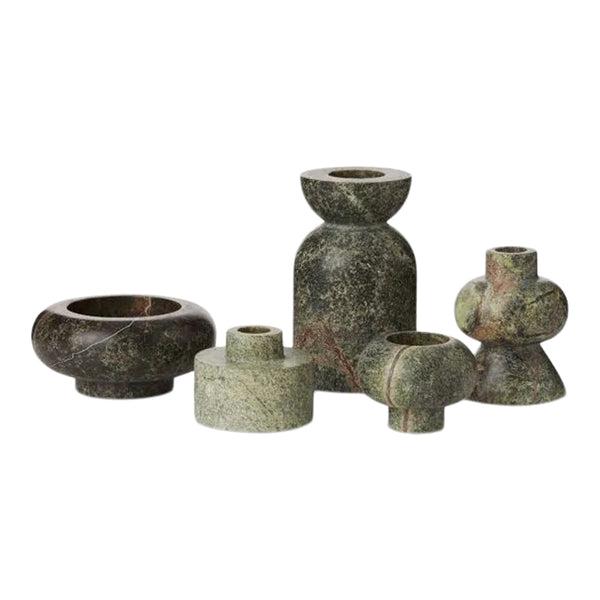 Set of five decorative vases in earthy green and dark brown hues with unique textures and patterns.