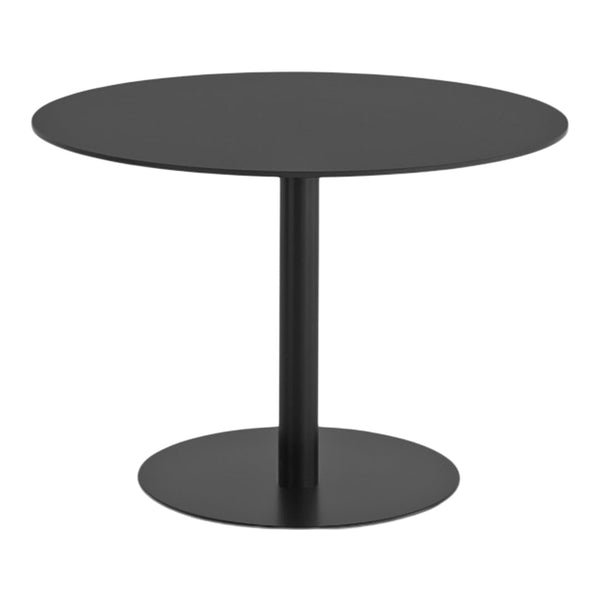 Round black dining table with a sleek, minimalist design and smooth matte finish, perfect for modern decor.
