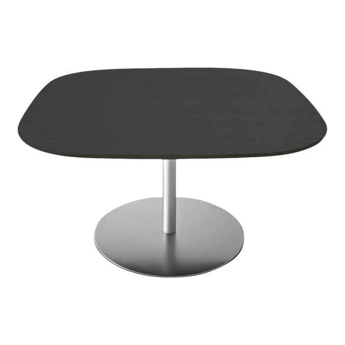 Modern square coffee table with a sleek black top and minimalist silver base, ideal for contemporary decor.