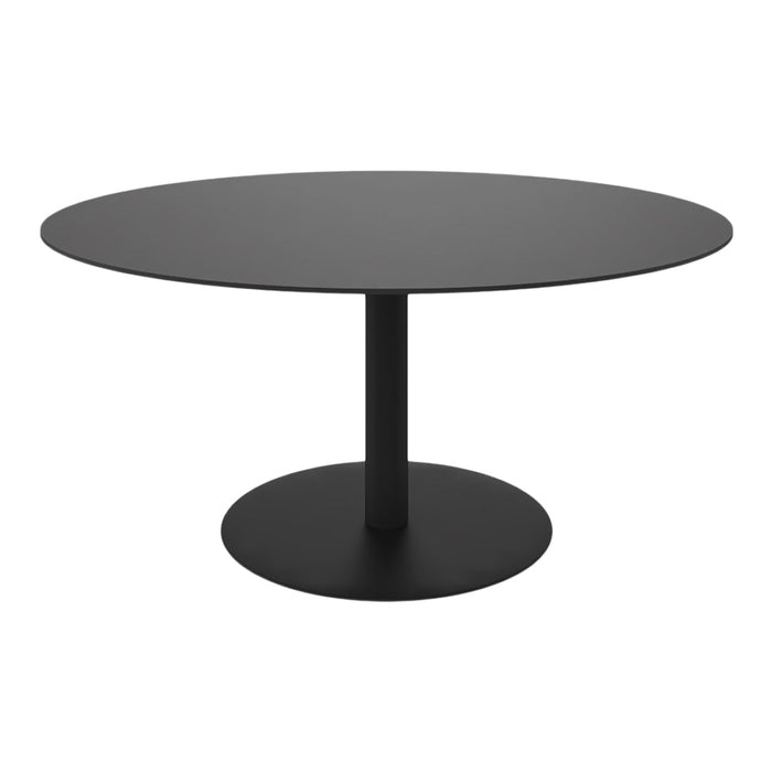 Sleek round black dining table with a smooth finish and minimalist design, perfect for modern interiors.