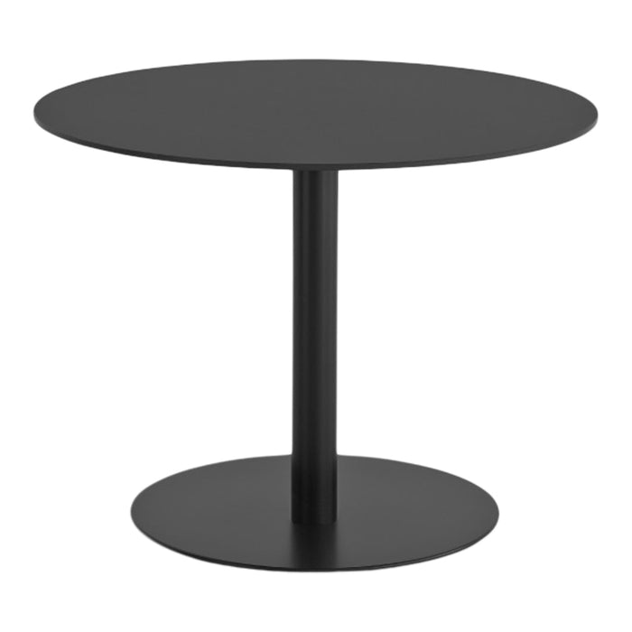 Black round dining table with a sleek, modern design featuring a smooth surface and sturdy circular base.