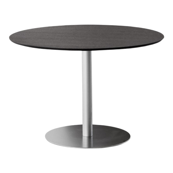 Round black tabletop with a smooth surface, silver metal base, and minimalistic design. Ideal for modern decor.